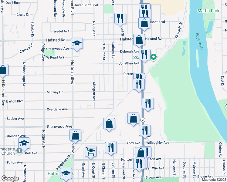 map of restaurants, bars, coffee shops, grocery stores, and more near 3000 Latham Street in Rockford