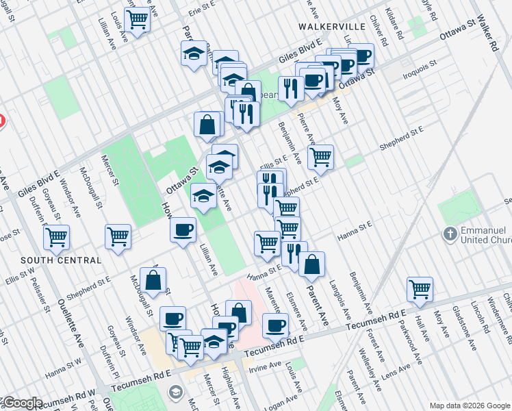 map of restaurants, bars, coffee shops, grocery stores, and more near 1504 Elsmere Avenue in Windsor