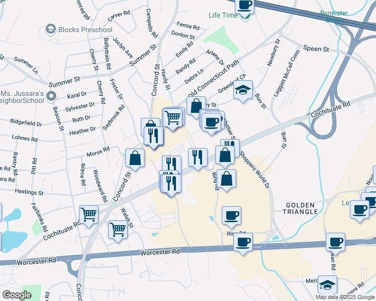 map of restaurants, bars, coffee shops, grocery stores, and more near 350 Cochituate Road in Framingham