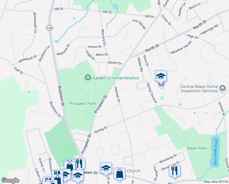 map of restaurants, bars, coffee shops, grocery stores, and more near 131 Holman Street in Shrewsbury