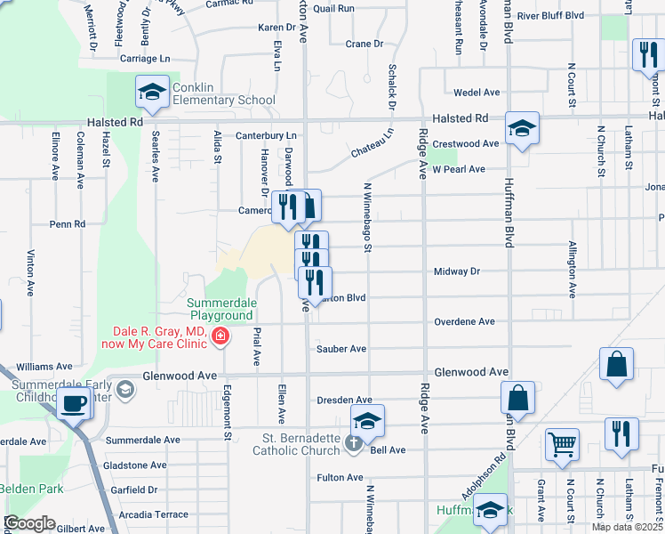 map of restaurants, bars, coffee shops, grocery stores, and more near 2407 Midway Drive in Rockford