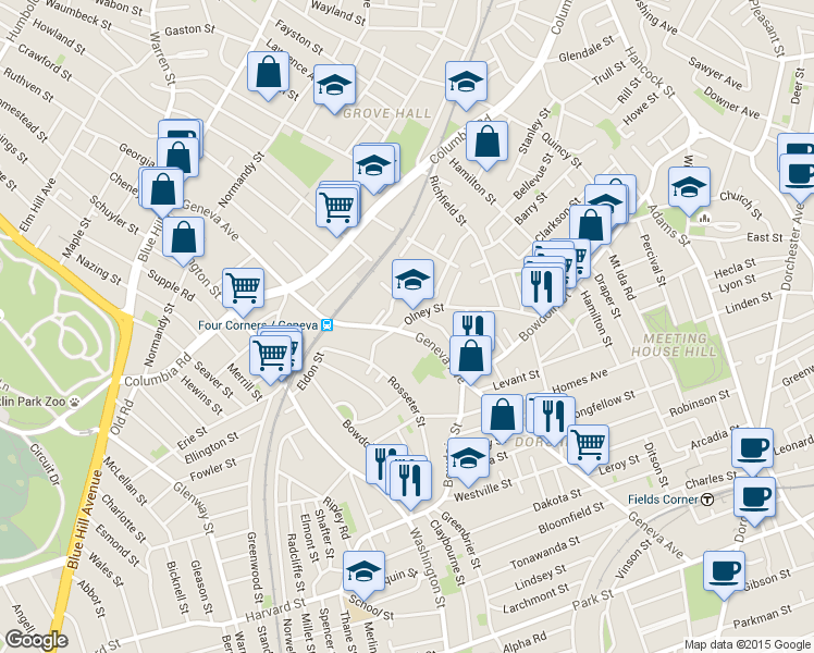 map of restaurants, bars, coffee shops, grocery stores, and more near 251 Geneva Avenue in Boston