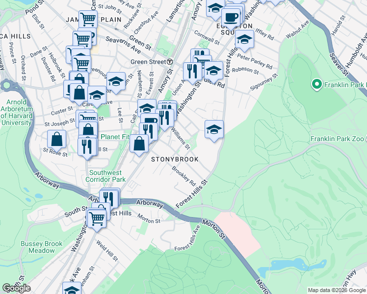 map of restaurants, bars, coffee shops, grocery stores, and more near 10 Plainfield Street in Boston