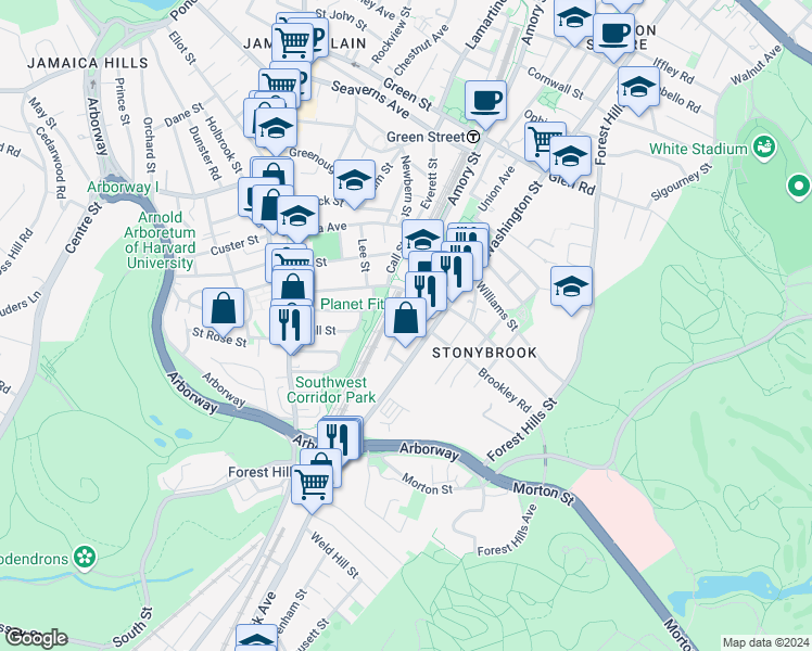 map of restaurants, bars, coffee shops, grocery stores, and more near 44 Burnett Street in Boston