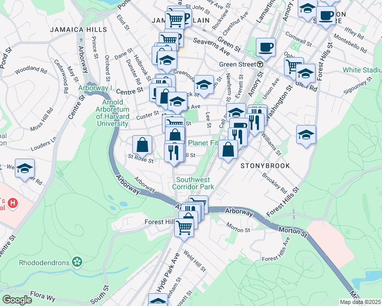 map of restaurants, bars, coffee shops, grocery stores, and more near 22 Rosemary Street in Boston
