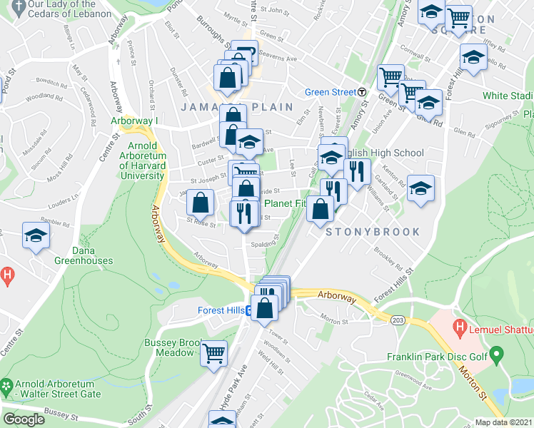 map of restaurants, bars, coffee shops, grocery stores, and more near 22 Rosemary Street in Boston