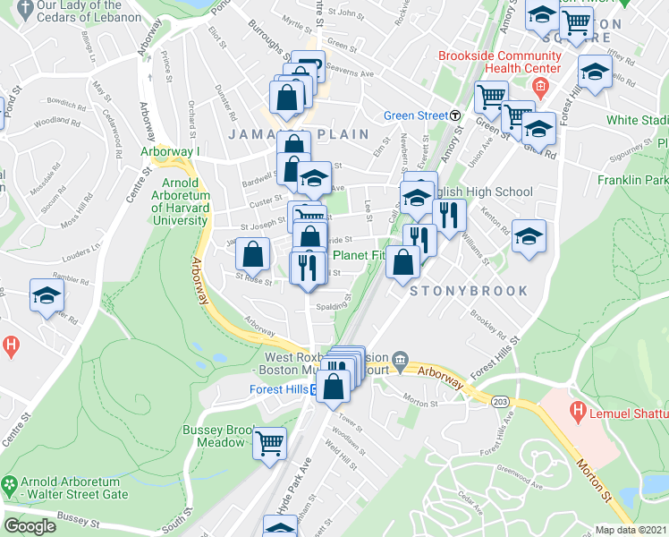 map of restaurants, bars, coffee shops, grocery stores, and more near 22 Rosemary Street in Boston