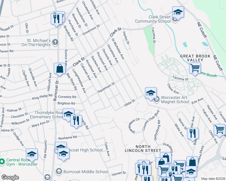 map of restaurants, bars, coffee shops, grocery stores, and more near 119 Sachem Avenue in Worcester