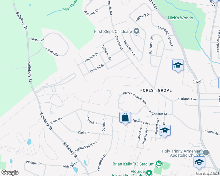 map of restaurants, bars, coffee shops, grocery stores, and more near 40 Blackthorn Drive in Worcester