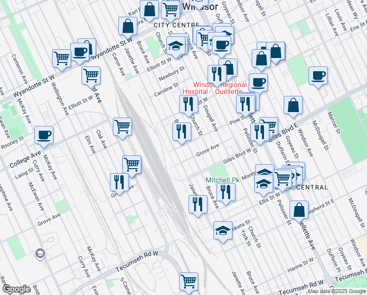 map of restaurants, bars, coffee shops, grocery stores, and more near in Windsor