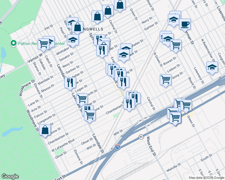 map of restaurants, bars, coffee shops, grocery stores, and more near 8083 Homer Street in Detroit