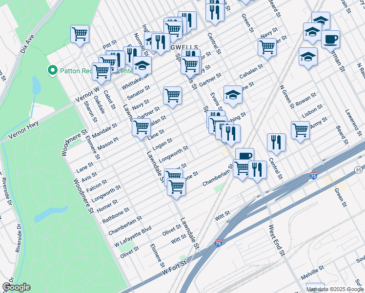 map of restaurants, bars, coffee shops, grocery stores, and more near 8361 Longworth Street in Detroit