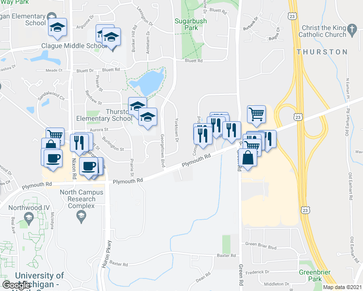 map of restaurants, bars, coffee shops, grocery stores, and more near 2065 Yorktown Drive in Ann Arbor