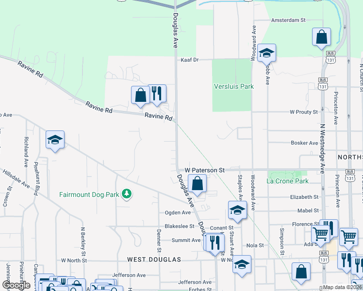 map of restaurants, bars, coffee shops, grocery stores, and more near 1404 Douglas Avenue in Kalamazoo