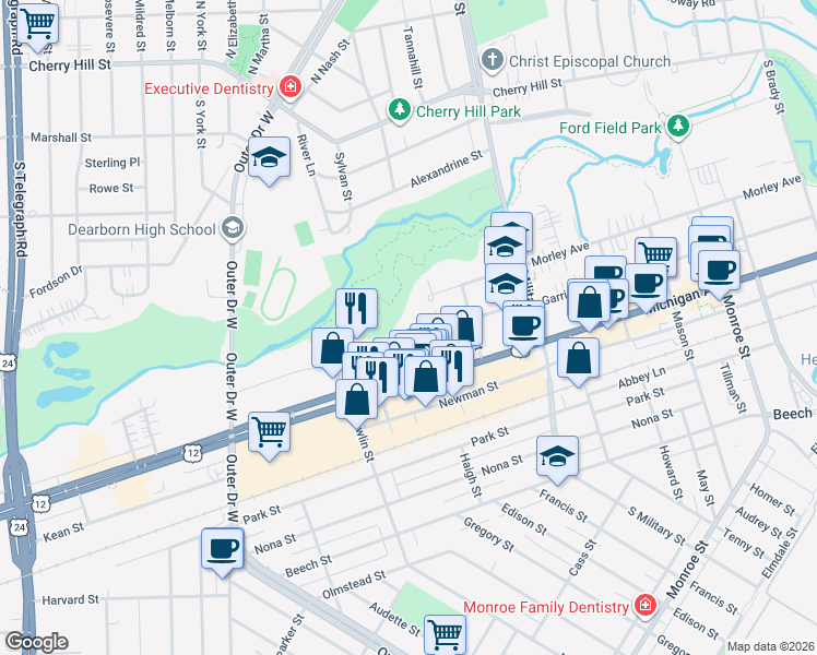 map of restaurants, bars, coffee shops, grocery stores, and more near 22699 Garrison Street in Dearborn