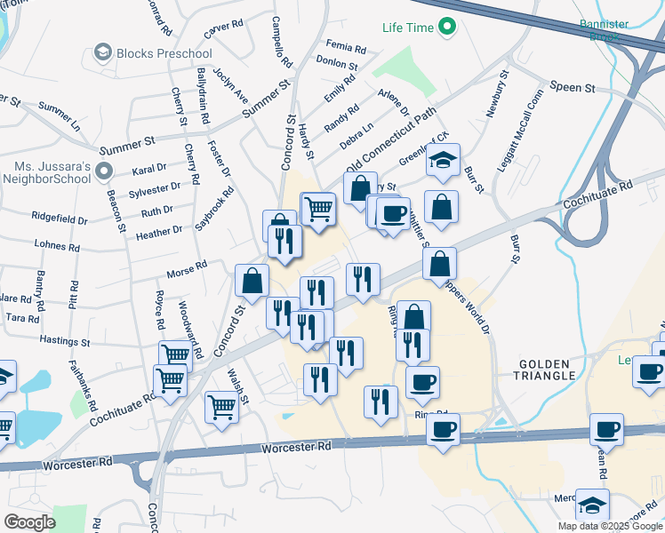 map of restaurants, bars, coffee shops, grocery stores, and more near 350 Cochituate Road in Framingham