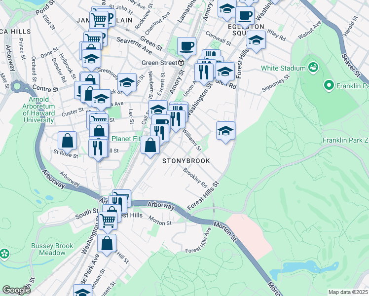 map of restaurants, bars, coffee shops, grocery stores, and more near 28 Rossmore Road in Boston