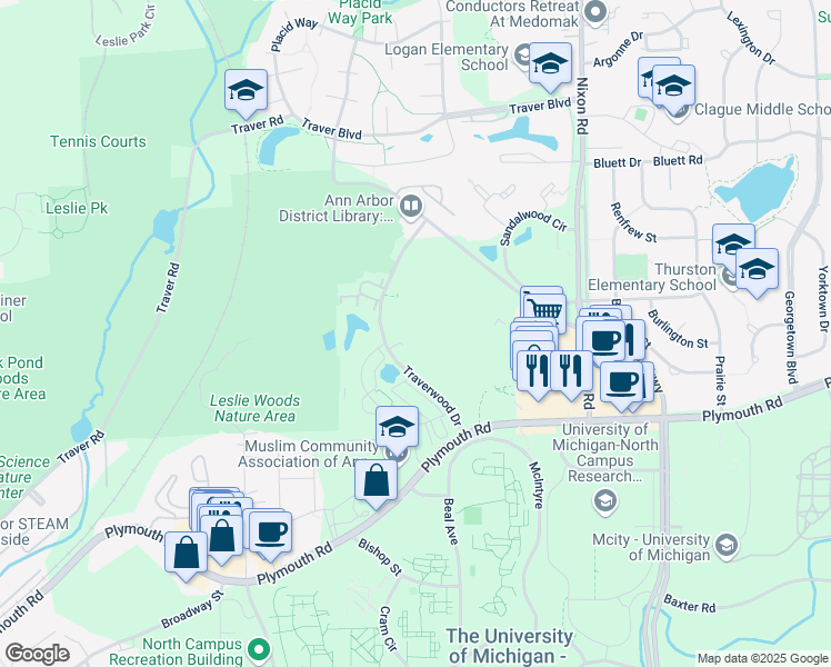 map of restaurants, bars, coffee shops, grocery stores, and more near 2206-2288 Traverwood Dr in Ann Arbor