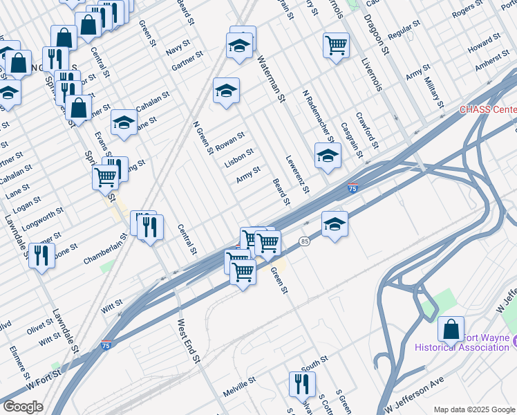 map of restaurants, bars, coffee shops, grocery stores, and more near 7093 West Lafayette Boulevard in Detroit