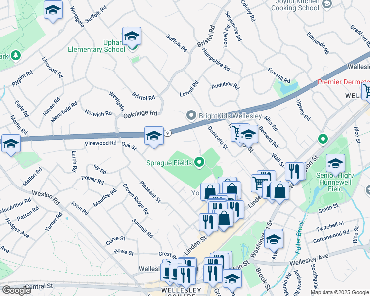 map of restaurants, bars, coffee shops, grocery stores, and more near 12 Stearns Road in Wellesley