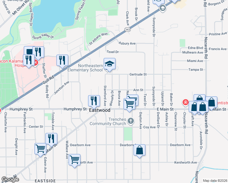 map of restaurants, bars, coffee shops, grocery stores, and more near 1301 Waverly Drive in Kalamazoo