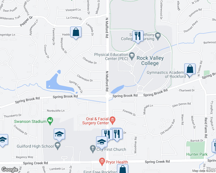 map of restaurants, bars, coffee shops, grocery stores, and more near 3001 North Mulford Road in Rockford