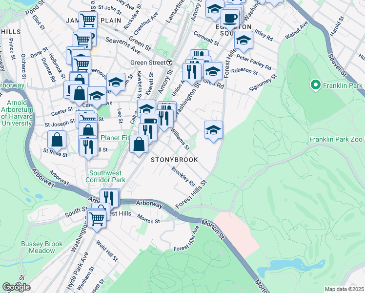 map of restaurants, bars, coffee shops, grocery stores, and more near 10 Plainfield Street in Boston