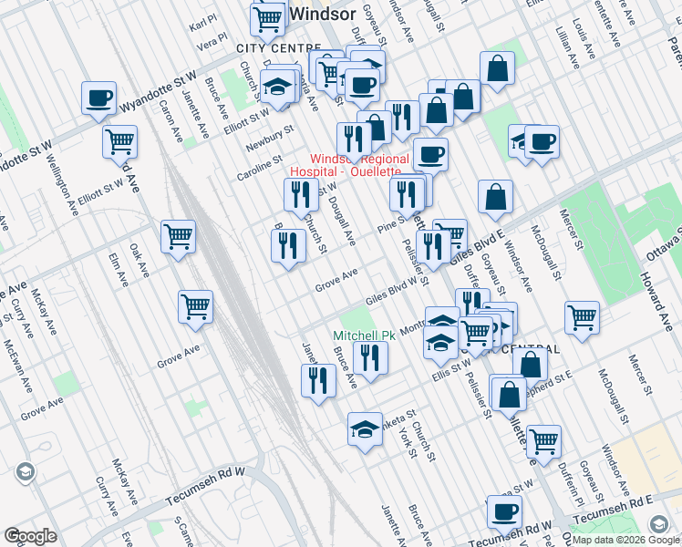 map of restaurants, bars, coffee shops, grocery stores, and more near 384 Grove Avenue in Windsor