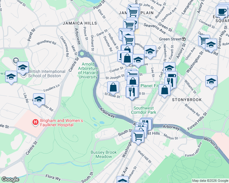 map of restaurants, bars, coffee shops, grocery stores, and more near 49 Saint Rose Street in Boston