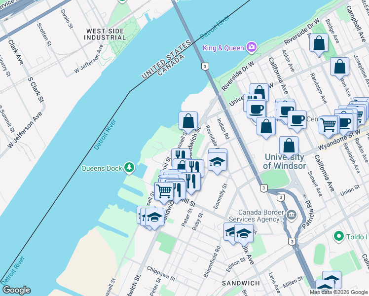 map of restaurants, bars, coffee shops, grocery stores, and more near in Windsor