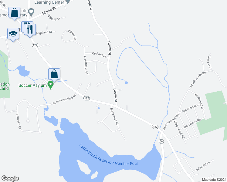 map of restaurants, bars, coffee shops, grocery stores, and more near 9 Grove Street in Paxton