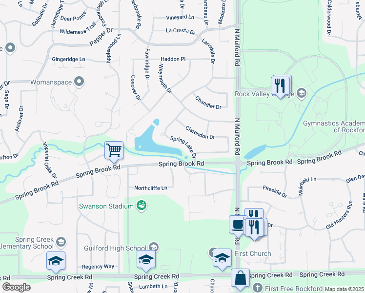 map of restaurants, bars, coffee shops, grocery stores, and more near 3040 Spring Lake Drive in Rockford