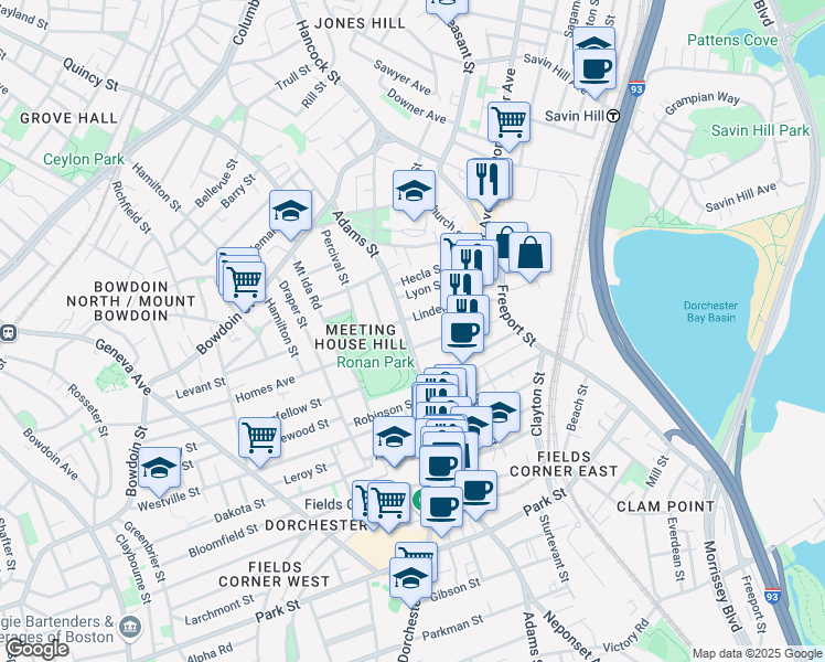 map of restaurants, bars, coffee shops, grocery stores, and more near 128 Adams Street in Boston