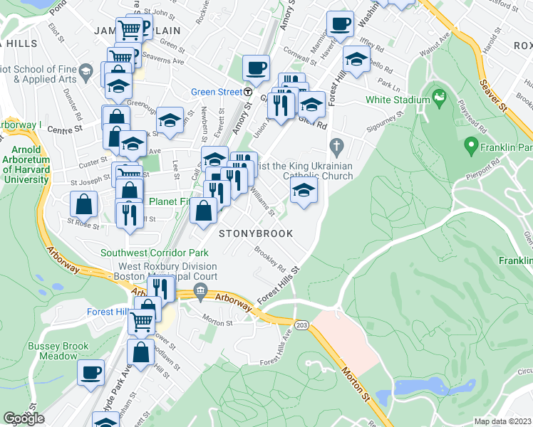 map of restaurants, bars, coffee shops, grocery stores, and more near 10 Plainfield Street in Boston