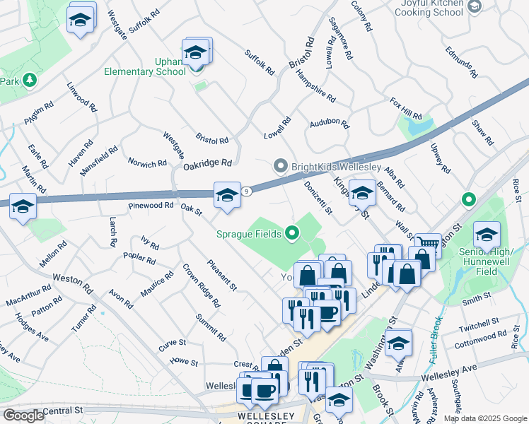 map of restaurants, bars, coffee shops, grocery stores, and more near 12 Stearns Road in Wellesley