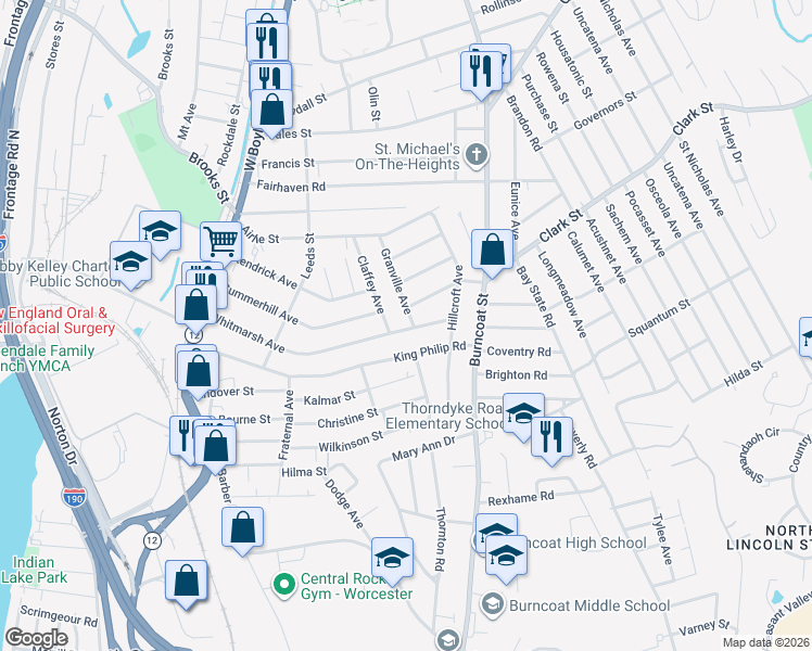 map of restaurants, bars, coffee shops, grocery stores, and more near 150 Whitmarsh Avenue in Worcester