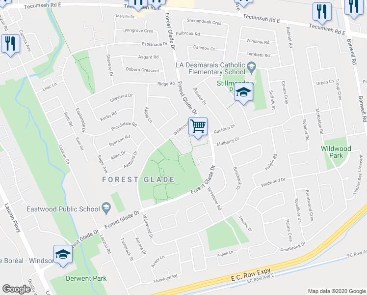 map of restaurants, bars, coffee shops, grocery stores, and more near 2992 Wildwood Drive in Windsor