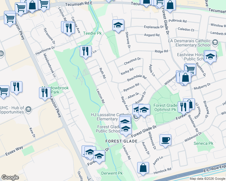 map of restaurants, bars, coffee shops, grocery stores, and more near 3003 Ruth Road in Windsor