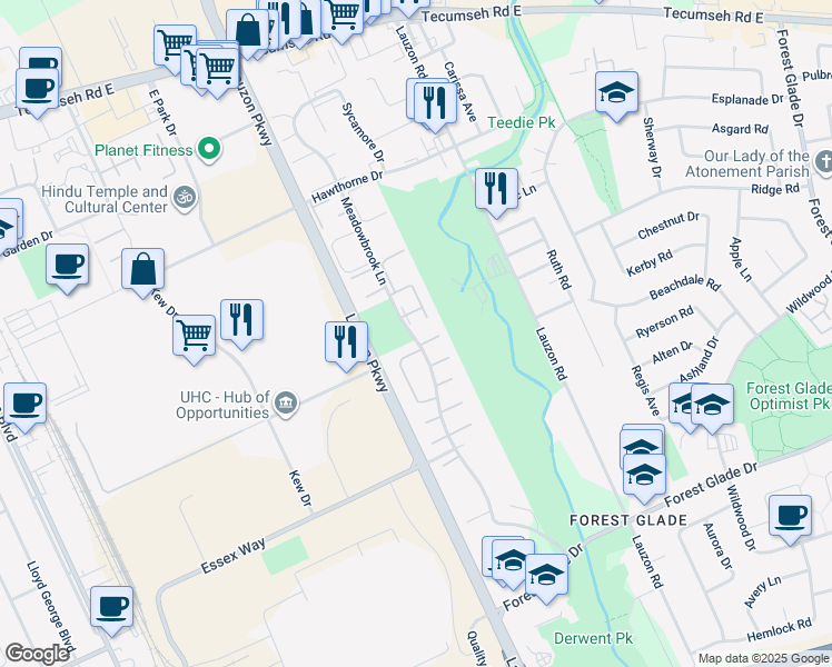 map of restaurants, bars, coffee shops, grocery stores, and more near 2910 Meadowbrook Lane in Windsor