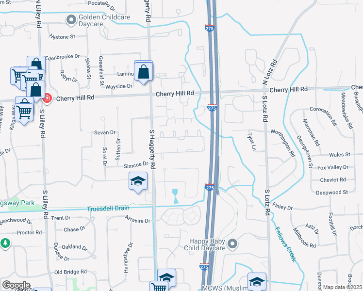 map of restaurants, bars, coffee shops, grocery stores, and more near 41218 Southwind Drive in Canton