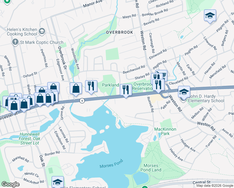 map of restaurants, bars, coffee shops, grocery stores, and more near 900 Worcester Street in Wellesley