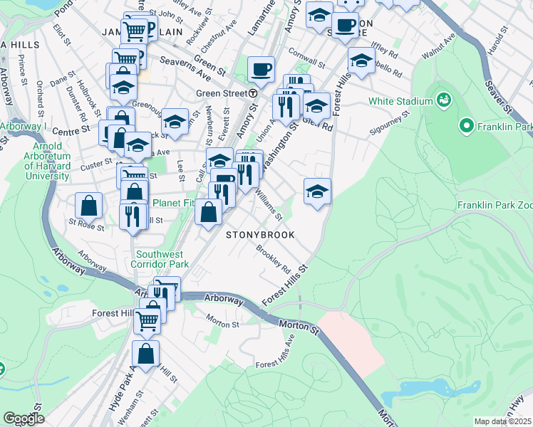 map of restaurants, bars, coffee shops, grocery stores, and more near 10 Plainfield Street in Boston