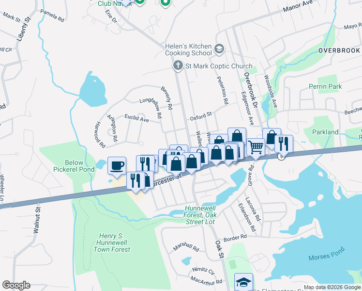 map of restaurants, bars, coffee shops, grocery stores, and more near 90 Oak Street in Natick