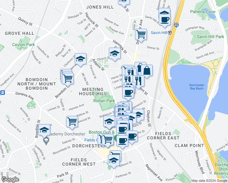 map of restaurants, bars, coffee shops, grocery stores, and more near 108 Adams Street in Boston