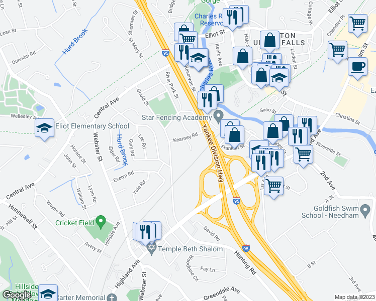 map of restaurants, bars, coffee shops, grocery stores, and more near Station Street in Needham