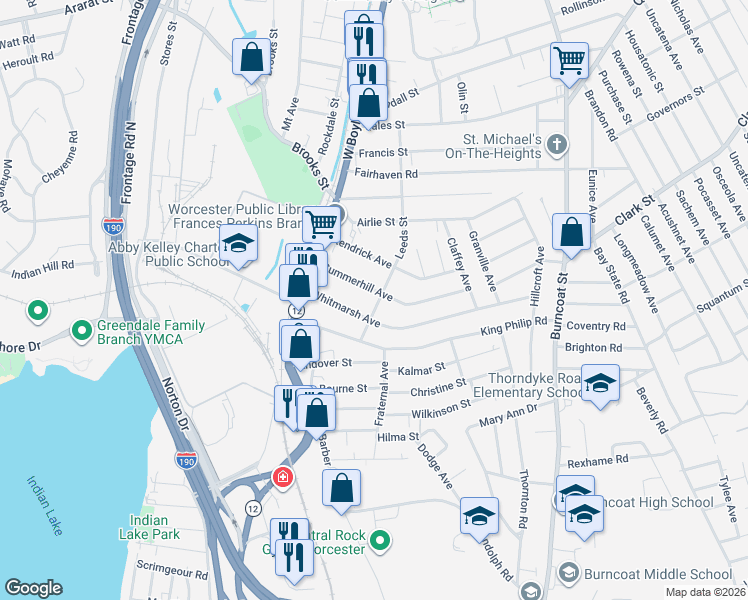 map of restaurants, bars, coffee shops, grocery stores, and more near 12 Leeds Street in Worcester