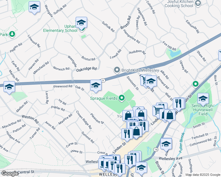 map of restaurants, bars, coffee shops, grocery stores, and more near 12 Stearns Road in Wellesley