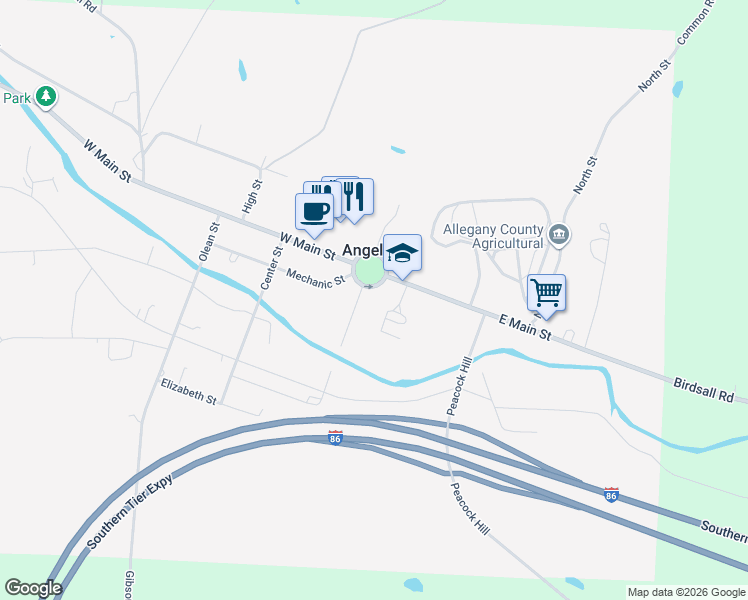 map of restaurants, bars, coffee shops, grocery stores, and more near 32 South Street in Angelica