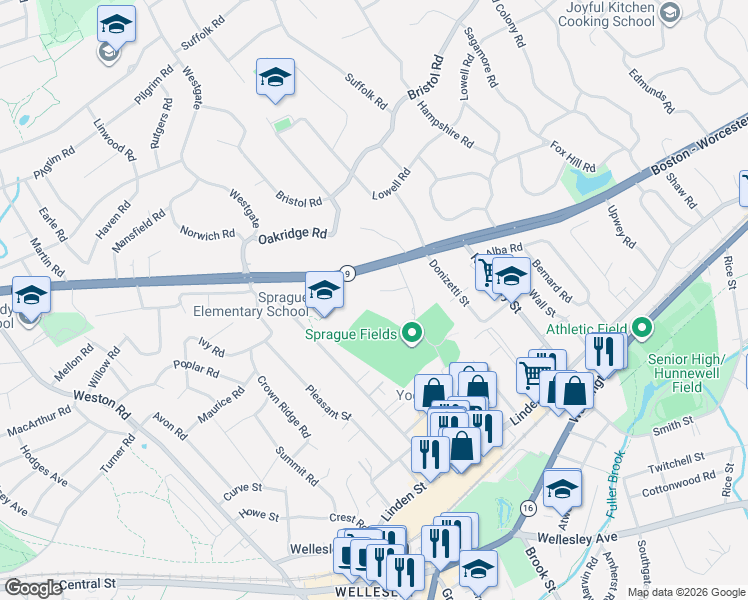 map of restaurants, bars, coffee shops, grocery stores, and more near 16 Stearns Road in Wellesley
