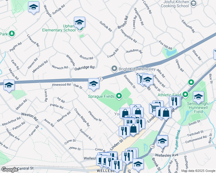 map of restaurants, bars, coffee shops, grocery stores, and more near 16 Stearns Road in Wellesley